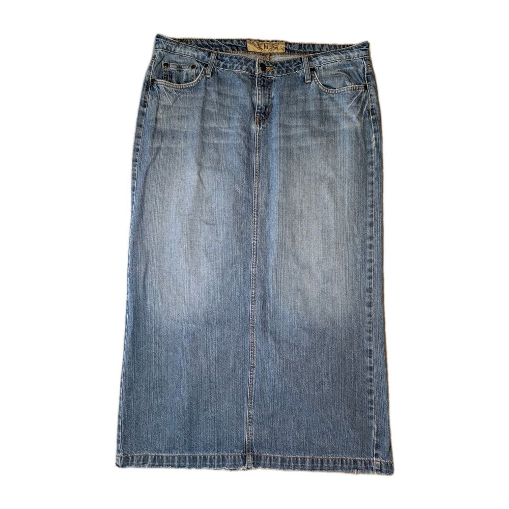 Hint Denim Maxi Skirt Distressed Raw Hem Medium Wash Slit Womens 13